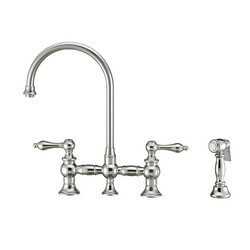 WHITEHAUS WHKBTLV3-9101-NT VINTAGE III PLUS BRIDGE FAUCET WITH LONG GOOSENECK SWIVEL SPOUT, LEVER HANDLES AND SOLID BRASS SIDE SPRAY