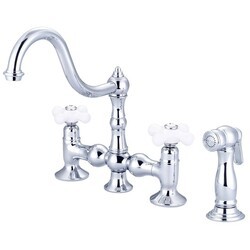 WATER-CREATION F5-0010-PX BRIDGE STYLE KITCHEN FAUCET WITH SIDE SPRAY TO MATCH WITH PORCELAIN CROSS HANDLES, HOT AND COLD LABELS INCLUDED