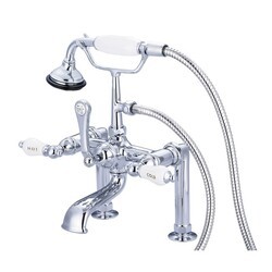 WATER-CREATION F6-0006-CL VINTAGE CLASSIC 7 INCH SPREAD DECK MOUNT TUB FAUCET WITH 6 INCH RISERS AND HANDHELD SHOWER WITH PORCELAIN LEVER HANDLES, HOT AND COLD LABELS INCLUDED