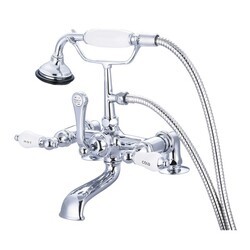 WATER-CREATION F6-0007-CL VINTAGE CLASSIC 7 INCH SPREAD DECK MOUNT TUB FAUCET WITH 2 INCH RISERS AND HANDHELD SHOWER WITH PORCELAIN LEVER HANDLES, HOT AND COLD LABELS INCLUDED