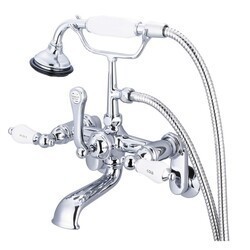 WATER-CREATION F6-0009-CL VINTAGE CLASSIC ADJUSTABLE CENTER WALL MOUNT TUB FAUCET WITH SWIVEL WALL CONNECTOR AND HANDHELD SHOWER WITH PORCELAIN LEVER HANDLES, HOT AND COLD LABELS INCLUDED