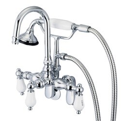 WATER-CREATION F6-0011-CL VINTAGE CLASSIC ADJUSTABLE SPREAD WALL MOUNT TUB FAUCET WITH GOOSENECK SPOUT, SWIVEL WALL CONNECTOR AND HANDHELD SHOWER WITH PORCELAIN LEVER HANDLES, HOT AND COLD LABELS INCLUDED
