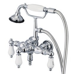 WATER-CREATION F6-0017-CL VINTAGE CLASSIC 3.375 INCH CENTER WALL MOUNT TUB FAUCET WITH DOWN SPOUT, STRAIGHT WALL CONNECTOR AND HANDHELD SHOWER WITH PORCELAIN LEVER HANDLES, HOT AND COLD LABELS INCLUDED