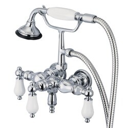 WATER-CREATION F6-0017-PL VINTAGE CLASSIC 3.375 INCH CENTER WALL MOUNT TUB FAUCET WITH DOWN SPOUT, STRAIGHT WALL CONNECTOR AND HANDHELD SHOWER WITH PORCELAIN LEVER HANDLES WITHOUT LABELS