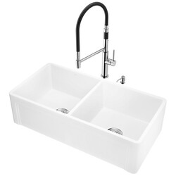VIGO VG15808 ALL-IN-ONE 36 INCH CASEMENT FRONT MATTE STONE DOUBLE BOWL FARMHOUSE APRON KITCHEN SINK SET WITH NORWOOD FAUCET IN STAINLESS STEEL, TWO STRAINERS AND SOAP DISPENSER