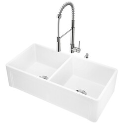VIGO VG15809 ALL-IN-ONE 36 INCH CASEMENT FRONT MATTE STONE DOUBLE BOWL FARMHOUSE APRON KITCHEN SINK SET WITH LAURELTON FAUCET IN STAINLESS STEEL, TWO STRAINERS AND SOAP DISPENSER