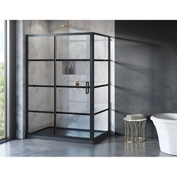 FLEURCO LA254-33-43-79 LATITUDE 54 W X 79 H INCH 2-SIDED MATTE BLACK DOOR AND FIXED PANEL WITH RETURN PANEL, 5/16 INCH CLEAR WITH BLACK SILK GLASS (CLOSES AGAINST RETURN PANEL)