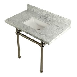 KINGSTON BRASS KVPB3630MBSQ TEMPLETON 36 X 22 INCH CARRARA MARBLE VANITY WITH SINK AND BRASS FEET COMBO