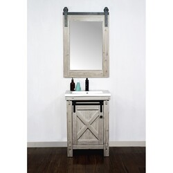 INFURNITURE WK8524 24 INCH RUSTIC SOLID FIR BARN DOOR STYLE VANITY WITH CERAMIC SINGLE SINK-NO FAUCET IN DRIFTWOOD