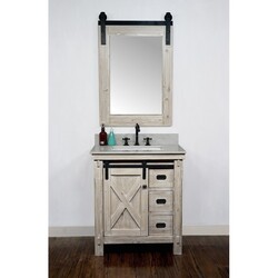 INFURNITURE WK8530+AP TOP 30 INCH RUSTIC SOLID FIR BARN DOOR STYLE SINGLE SINK VANITY WITH ARCTIC PEARL QUARTZ MARBLE TOP-NO FAUCET IN DRIFTWOOD