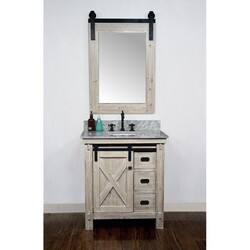 INFURNITURE WK8530+CW TOP 30 INCH RUSTIC SOLID FIR BARN DOOR STYLE SINGLE SINK VANITY WITH CARRARA WHITE MARBLE TOP-NO FAUCET IN DRIFTWOOD