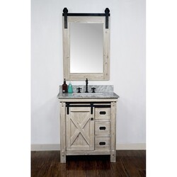 INFURNITURE WK8530+CW SQ TOP 30 INCH RUSTIC SOLID FIR BARN DOOR STYLE SINGLE SINK VANITY WITH CARRARA WHITE MARBLE TOP WITH RECTANGULAR SINK-NO FAUCET IN DRIFTWOOD