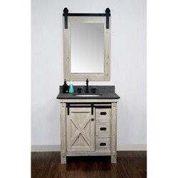 INFURNITURE WK8530+MG TOP 30 INCH RUSTIC SOLID FIR BARN DOOR STYLE SINGLE SINK VANITY WITH RUSTIC STYLE POLISHED TEXTURED SURFACE GRANITE TOP IN MATTE GREY-NO FAUCET IN DRIFTWOOD