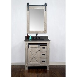INFURNITURE WK8530+WK SQ TOP 30 INCH RUSTIC SOLID FIR BARN DOOR STYLE SINGLE SINK VANITY WITH LIMESTONE TOP WITH RECTANGULAR SINK-NO FAUCET IN DRIFTWOOD