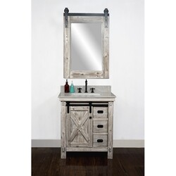 INFURNITURE WK8530-W+AP TOP 30 INCH RUSTIC SOLID FIR BARN DOOR STYLE SINGLE SINK VANITY IN WHITE WASH WITH ARCTIC PEARL QUARTZ MARBLE TOP-NO FAUCET IN WHITE WASH