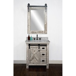 INFURNITURE WK8530-W+CW SQ TOP 30 INCH RUSTIC SOLID FIR BARN DOOR STYLE SINGLE SINK VANITY IN WHITE WASH WITH CARRARA WHITE MARBLE TOP WITH RECTANGULAR SINK-NO FAUCET IN WHITE WASH