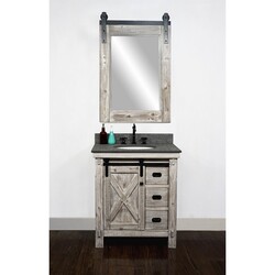 INFURNITURE WK8530-W+MG TOP 30 INCH RUSTIC SOLID FIR BARN DOOR STYLE SINGLE SINK VANITY IN WHITE WASH WITH RUSTIC STYLE POLISHED TEXTURED SURFACE GRANITE TOP IN MATTE GREY-NO FAUCET IN WHITE WASH