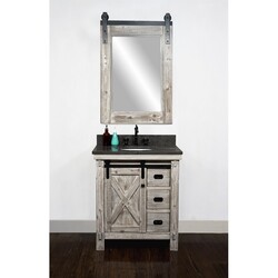 INFURNITURE WK8530-W+WK TOP 30 INCH RUSTIC SOLID FIR BARN DOOR STYLE SINGLE SINK VANITY IN WHITE WASH WITH LIMESTONE TOP(OVAL SINK)-NO FAUCET IN WHITE WASH