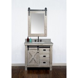 INFURNITURE WK8536+CS SQ TOP 36 INCH RUSTIC SOLID FIR BARN DOOR STYLE SINGLE SINK VANITY WITH COASTAL SANDS MARBLE TOP WITH RECTANGULAR SINK-NO FAUCET IN DRIFTWOOD