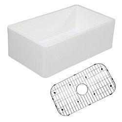 KINGSTON BRASS KGKFA301810BC GOURMETIER 30 INCH SOLID SURFACE MATTE STONE APRON FRONT FARMHOUSE SINGLE BOWL KITCHEN SINK WITH STRAINER AND GRID IN MATTE WHITE/BRUSHED