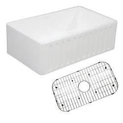 KINGSTON BRASS KGKFA301810RM GOURMETIER 30 INCH SOLID SURFACE MATTE STONE APRON FRONT FARMHOUSE SINGLE BOWL KITCHEN SINK WITH STRAINER AND GRID IN MATTE WHITE/BRUSHED
