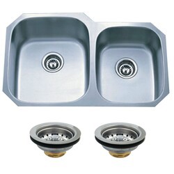 KINGSTON BRASS KGKUD3221 32 INCH UNDERMOUNT STAINLESS STEEL DOUBLE BOWL KITCHEN SINK COMBO WITH STRAINERS IN BRUSHED