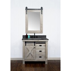 INFURNITURE WK8536+WK SQ TOP 36 INCH RUSTIC SOLID FIR BARN DOOR STYLE SINGLE SINK VANITY WITH LIMESTONE TOP WITH RECTANGULAR SINK-NO FAUCET IN DRIFTWOOD