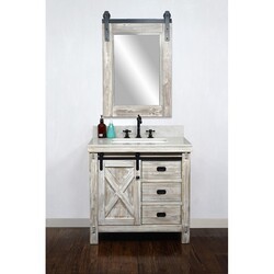 INFURNITURE WK8536-W+AP TOP 36 INCH RUSTIC SOLID FIR BARN DOOR STYLE SINGLE SINK VANITY IN WHITE WASH WITH ARCTIC PEARL QUARTZ MARBLE TOP-NO FAUCET IN WHITE WASH