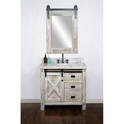 INFURNITURE WK8536-W+CW TOP 36 INCH RUSTIC SOLID FIR BARN DOOR STYLE SINGLE SINK VANITY IN WHITE WASH WITH CARRARA WHITE MARBLE TOP-NO FAUCET IN WHITE WASH