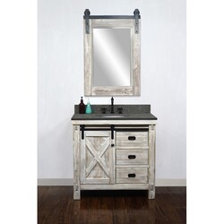 INFURNITURE WK8536-W+MG TOP 36 INCH RUSTIC SOLID FIR BARN DOOR STYLE SINGLE SINK VANITY IN WHITE WASH WITH RUSTIC STYLE POLISHED TEXTURED SURFACE GRANITE TOP IN MATTE GREY-NO FAUCET IN WHITE WASH