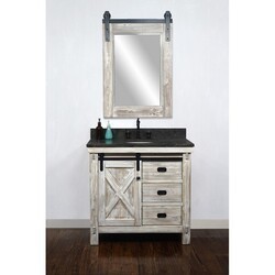 INFURNITURE WK8536-W+WK TOP 36 INCH RUSTIC SOLID FIR BARN DOOR STYLE SINGLE SINK VANITY IN WHITE WASH WITH LIMESTONE TOP(OVAL SINK)-NO FAUCET IN WHITE WASH