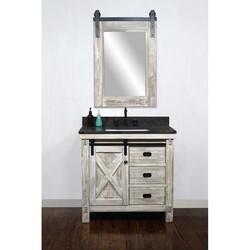 INFURNITURE WK8536-W+WK SQ TOP 36 INCH RUSTIC SOLID FIR BARN DOOR STYLE SINGLE SINK VANITY IN WHITE WASH WITH LIMESTONE TOP WITH RECTANGULAR SINK-NO FAUCET IN WHITE WASH