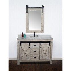 INFURNITURE WK8548+AP TOP 48 INCH RUSTIC SOLID FIR BARN DOOR STYLE SINGLE SINK VANITY WITH ARCTIC PEARL QUARTZ MARBLE TOP-NO FAUCET IN DRIFTWOOD