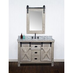 INFURNITURE WK8548+CW TOP 48 INCH RUSTIC SOLID FIR BARN DOOR STYLE SINGLE SINK VANITY WITH CARRARA WHITE MARBLE TOP-NO FAUCET IN DRIFTWOOD
