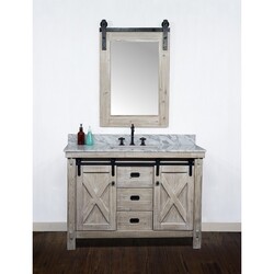 INFURNITURE WK8548+CW SQ TOP 48 INCH RUSTIC SOLID FIR BARN DOOR STYLE SINGLE SINK VANITY WITH CARRARA WHITE MARBLE TOP WITH RECTANGULAR SINK-NO FAUCET IN DRIFTWOOD