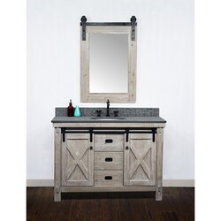 INFURNITURE WK8548+MG TOP 48 INCH RUSTIC SOLID FIR BARN DOOR STYLE SINGLE SINK VANITY WITH RUSTIC STYLE POLISHED TEXTURED SURFACE GRANITE TOP IN MATTE GREY-NO FAUCET IN DRIFTWOOD
