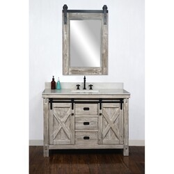 INFURNITURE WK8548-W+AP TOP 48 INCH RUSTIC SOLID FIR BARN DOOR STYLE SINGLE SINK VANITY IN WHITE WASH WITH ARCTIC PEARL QUARTZ MARBLE TOP-NO FAUCET IN WHITE WASH