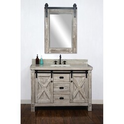 INFURNITURE WK8548-W+CS SQ TOP 48 INCH RUSTIC SOLID FIR BARN DOOR STYLE SINGLE SINK VANITY IN WHITE WASH WITH COASTAL SANDS MARBLE TOP WITH RECTANGULAR SINK-NO FAUCET IN WHITE WASH