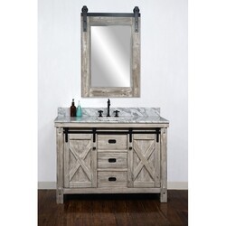 INFURNITURE WK8548-W+CW TOP 48 INCH RUSTIC SOLID FIR BARN DOOR STYLE SINGLE SINK VANITY IN WHITE WASH WITH CARRARA WHITE MARBLE TOP-NO FAUCET IN WHITE WASH