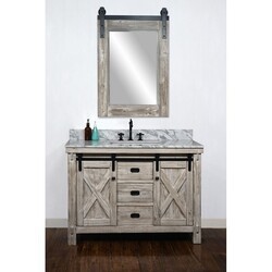 INFURNITURE WK8548-W+CW SQ TOP 48 INCH RUSTIC SOLID FIR BARN DOOR STYLE SINGLE SINK VANITY IN WHITE WASH WITH CARRARA WHITE MARBLE TOP WITH RECTANGULAR SINK-NO FAUCET IN WHITE WASH