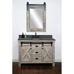 INFURNITURE WK8548-W+MG TOP 48 INCH RUSTIC SOLID FIR BARN DOOR STYLE SINGLE SINK VANITY IN WHITE WASH WITH RUSTIC STYLE POLISHED TEXTURED SURFACE GRANITE TOP IN MATTE GREY-NO FAUCET IN WHITE WASH