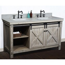 INFURNITURE WK8560+AP TOP 60 INCH RUSTIC SOLID FIR BARN DOOR STYLE DOUBLE SINKS VANITY WITH ARCTIC PEARL QUARTZ MARBLE TOP-NO FAUCET IN DRIFTWOOD