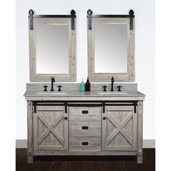 INFURNITURE WK8560+CS SQ TOP 60 INCH RUSTIC SOLID FIR BARN DOOR STYLE DOUBLE SINKS VANITY WITH COASTAL SANDS MARBLE TOP WITH RECTANGULAR SINK-NO FAUCET IN DRIFTWOOD