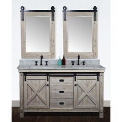 INFURNITURE WK8560+CW SQ TOP 60 INCH RUSTIC SOLID FIR BARN DOOR STYLE DOUBLE SINKS VANITY WITH CARRARA WHITE MARBLE TOP WITH RECTANGULAR SINK-NO FAUCET IN DRIFTWOOD