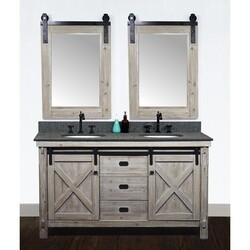 INFURNITURE WK8560+MG TOP 60 INCH RUSTIC SOLID FIR BARN DOOR STYLE DOUBLE SINKS VANITY WITH RUSTIC STYLE POLISHED TEXTURED SURFACE GRANITE TOP IN MATTE GREY-NO FAUCET IN DRIFTWOOD