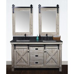 INFURNITURE WK8560+WK SQ TOP 60 INCH RUSTIC SOLID FIR BARN DOOR STYLE DOUBLE SINKS VANITY WITH LIMESTONE TOP WITH RECTANGULAR SINK-NO FAUCET IN DRIFTWOOD
