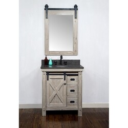 INFURNITURE WK8530+WK TOP 30 INCH RUSTIC SOLID FIR BARN DOOR STYLE SINGLE SINK VANITY WITH LIMESTONE TOP(OVAL SINK)-NO FAUCET IN DRIFTWOOD