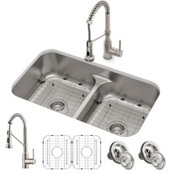 KRAUS KCA-1200 ELLIS 33 INCH 16 GAUGE UNDERMOUNT KITCHEN SINK COMBO SET WITH BOLDEN 18 INCH PULL-DOWN COMMERCIAL KITCHEN FAUCET IN SPOT FREE STAINLESS STEEL