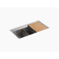 KOHLER K-3160-NA POISE 33 X 18 X 9-1/2 INCH UNDERMOUNT LARGE/MEDIUM DOUBLE-BOWL KITCHEN SINK, INCLUDES CUTTING BOARD AND RACK