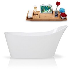 STREAMLINE K-0907-65FSWHSS-FM 65 INCH SOLID SURFACE RESIN SOAKING FREESTANDING TUB AND TRAY WITH INTERNAL DRAIN